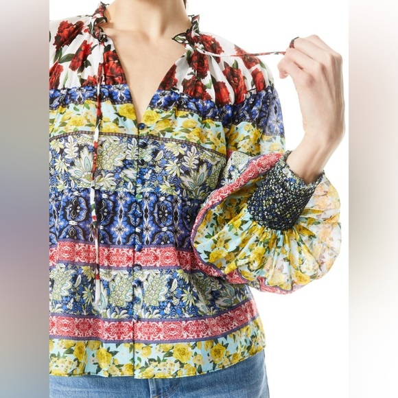 Alice + Olivia Marlyn Tie Neck Button Down Blouse sz XL - Picture 9 of 10